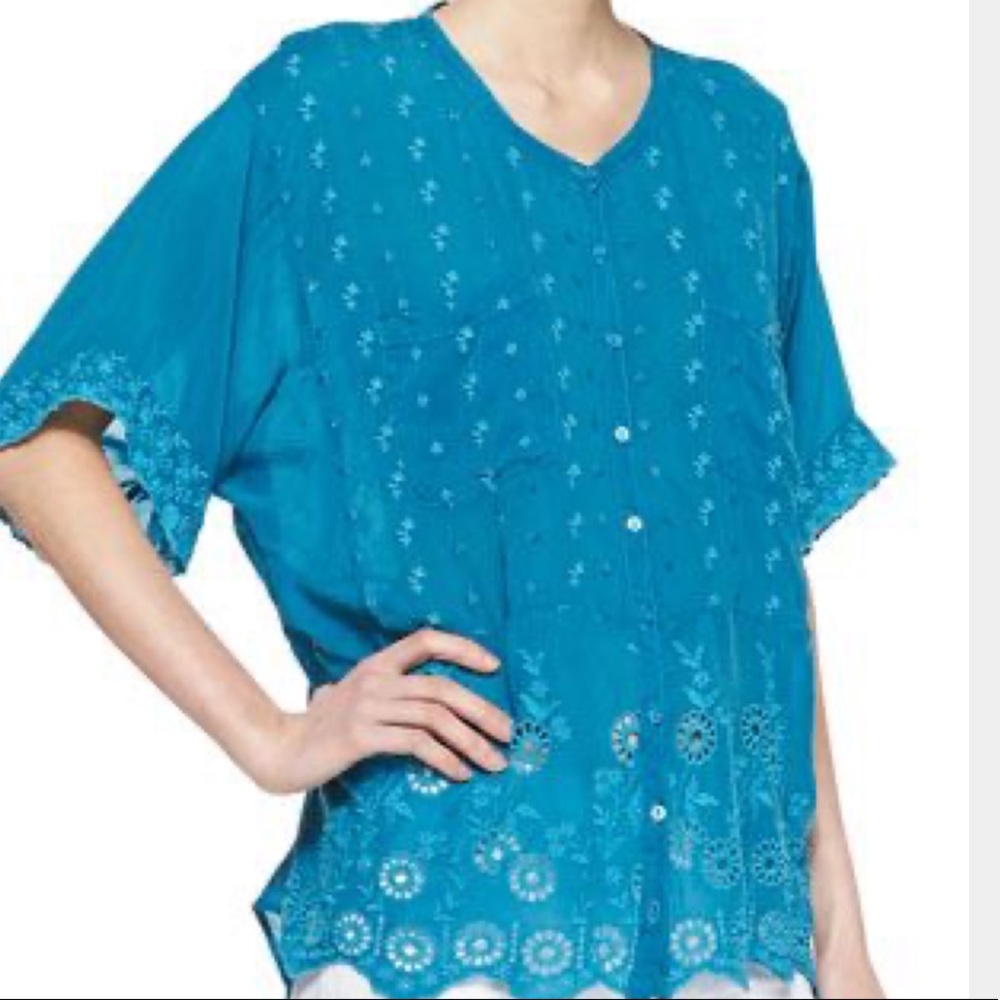 JOHNNY WAS teal Georgette eyelet blouse